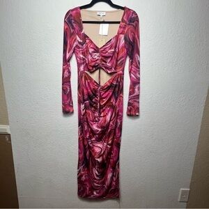 ACOA Printed Mesh Cutout Midi Dress NEW